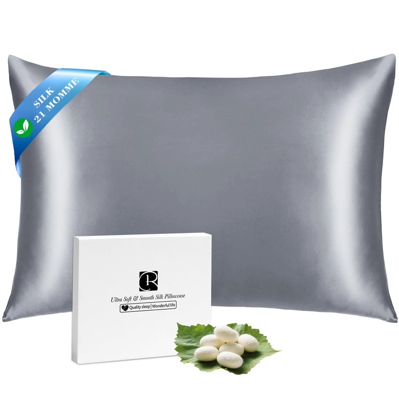 Ravmix Silk Pillow Cases with Zipper, 21momme Mulberry Silk Pillowcase for Hair Skin Health, Soft Smooth Breathable Cool Pillow Cover for Beauty Sleep with Gift Box 1PC(King 20"x36", Lilac Grey) - Image 1